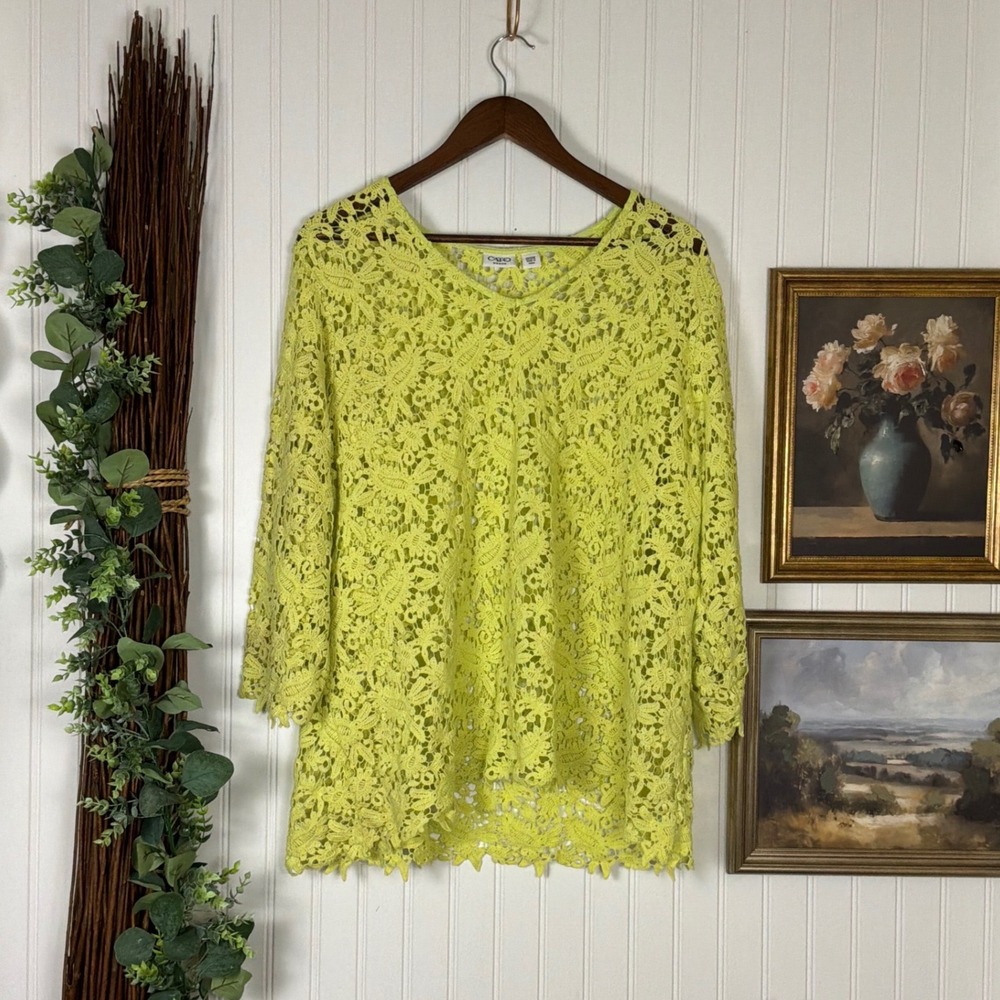 Cato Woman Crochet Lace Top Women 22/24W Yellow Excellent 100% Cotton V-Neck
